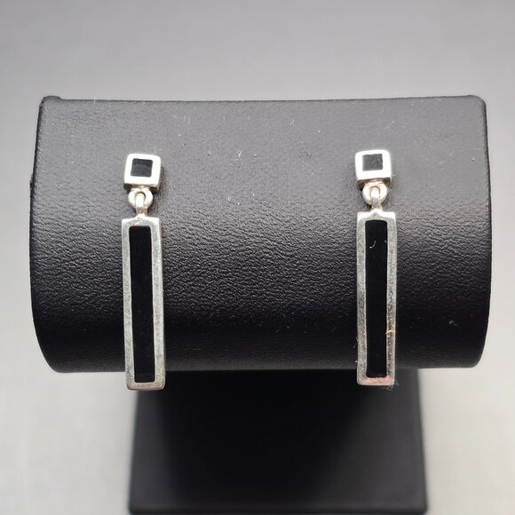 M Jewelry - VTG 925 Sterling Silver Black Onyx Dangle Earrings 1.25" Art Deco Style Signed M